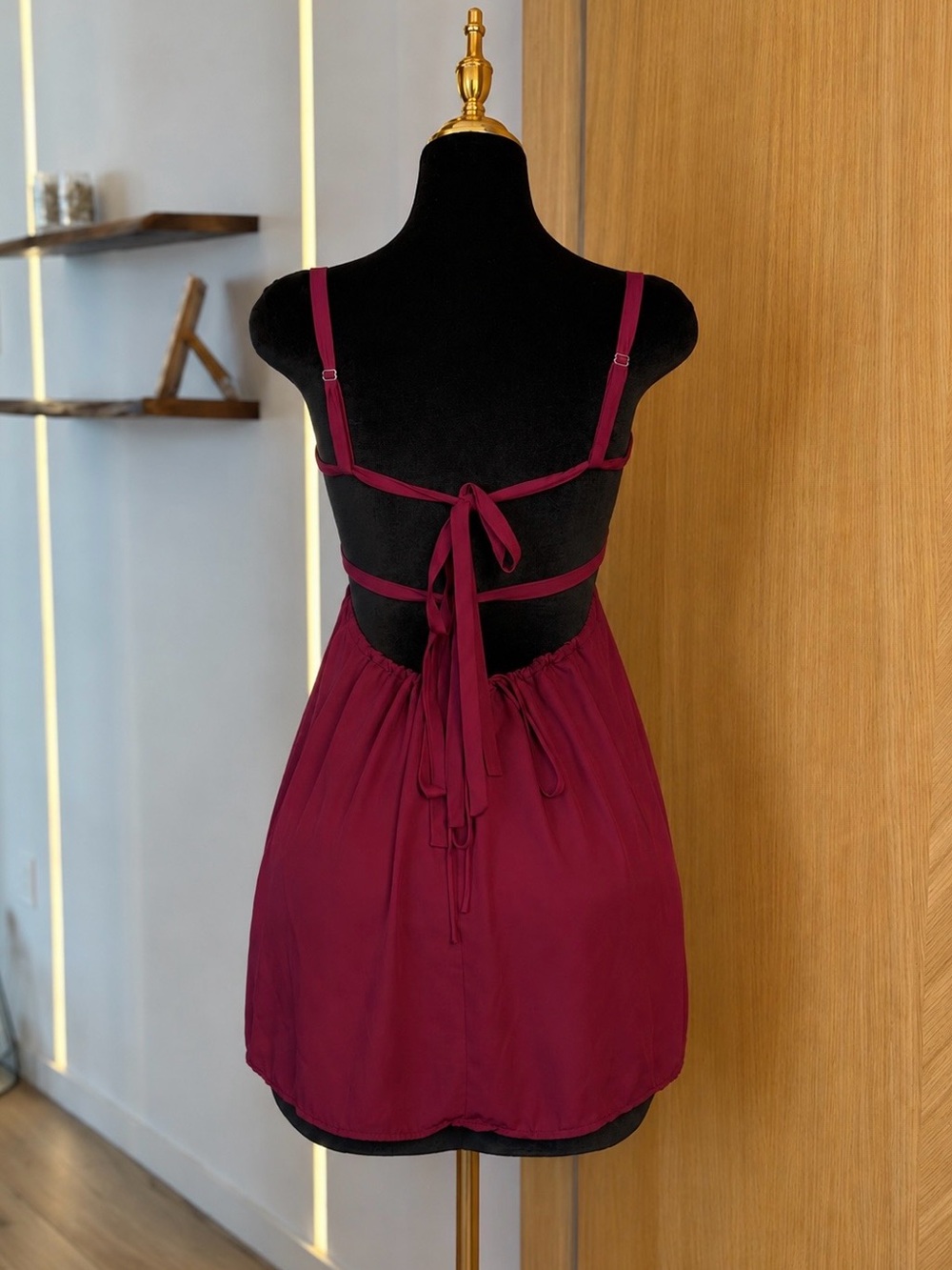 Lucy in the Sky Burgundy Ruched Coquette Babydoll Mini Dress | Cherry Muse - Picture 4 of 5